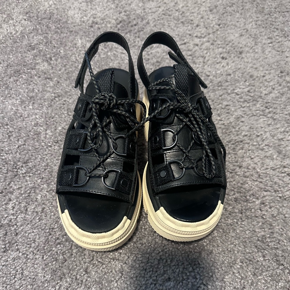 Sorel Black Lace-Up Platform Sandals with Cream Sole